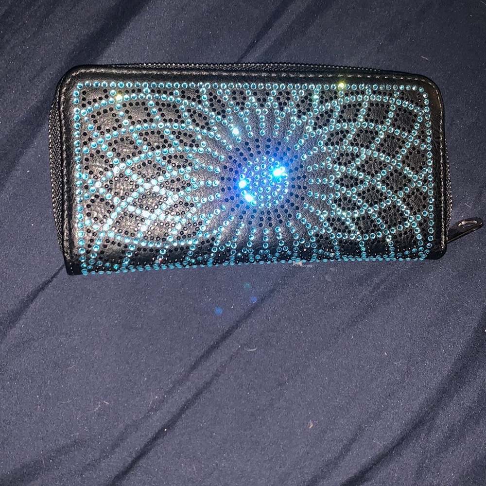 Blue and black rhinestone wallet